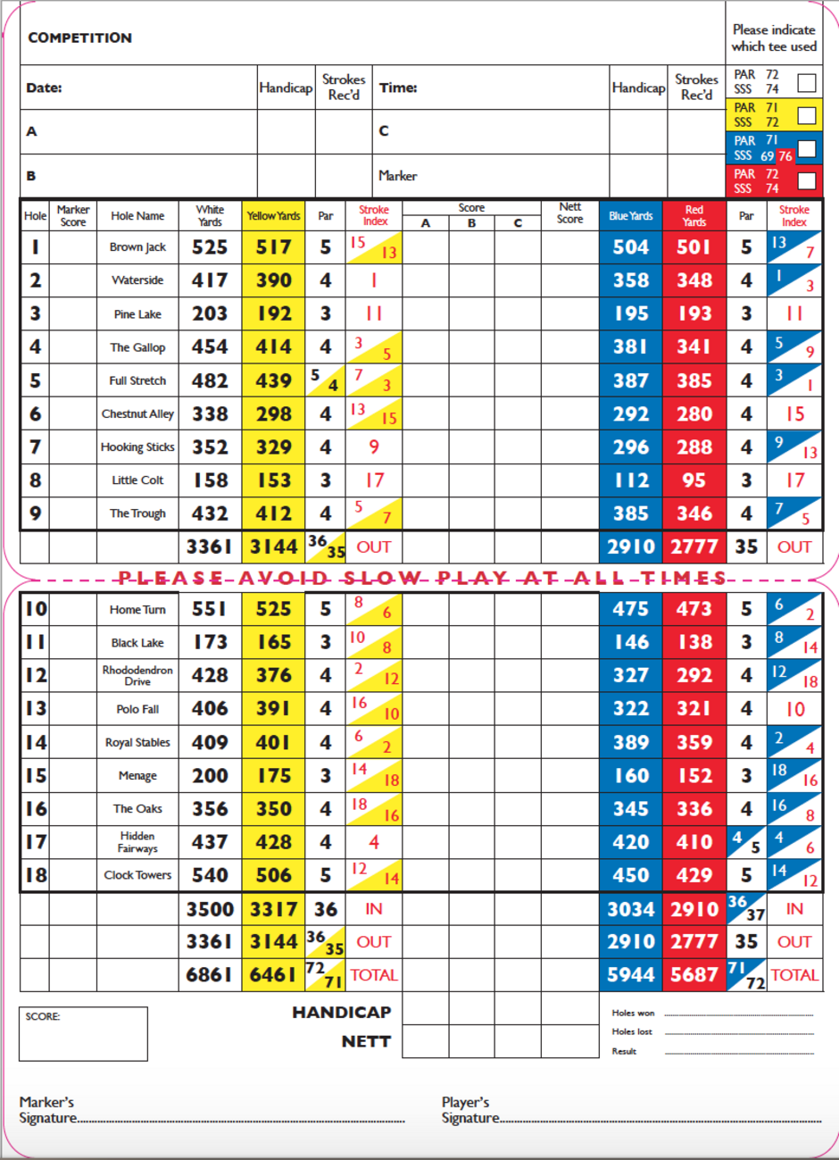 Score Card Mill Ride Championship Ascot Golf Course in Berkshire